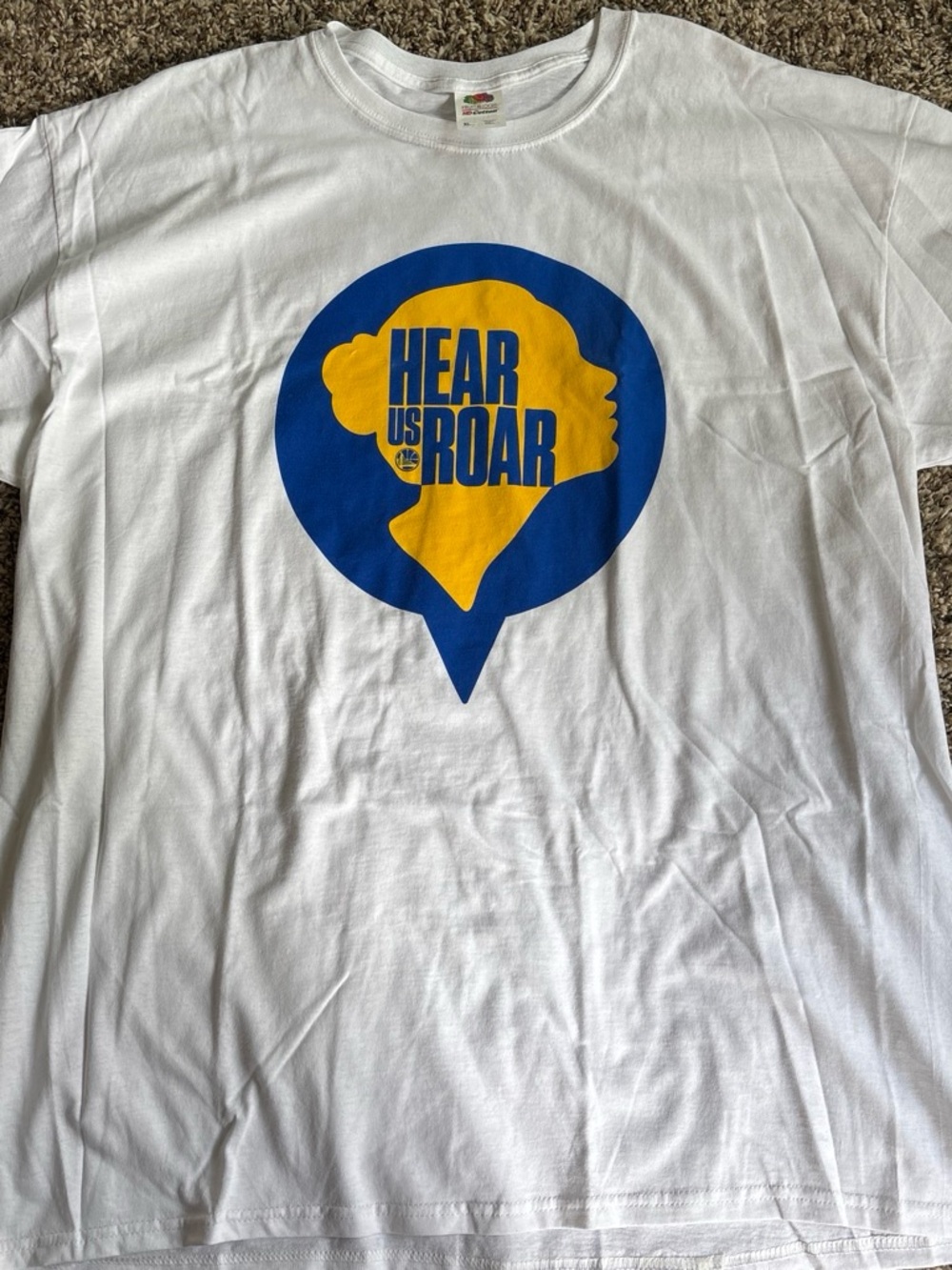 Fruit of the Loom White Tee with Blue and Yellow 'Hear Us Roar' Graphic